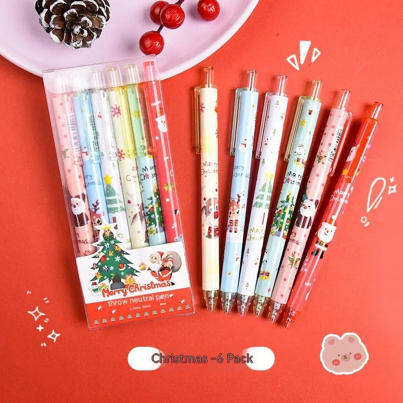 6 cartoon design press gel pens with black refills in Christmas gift packaging