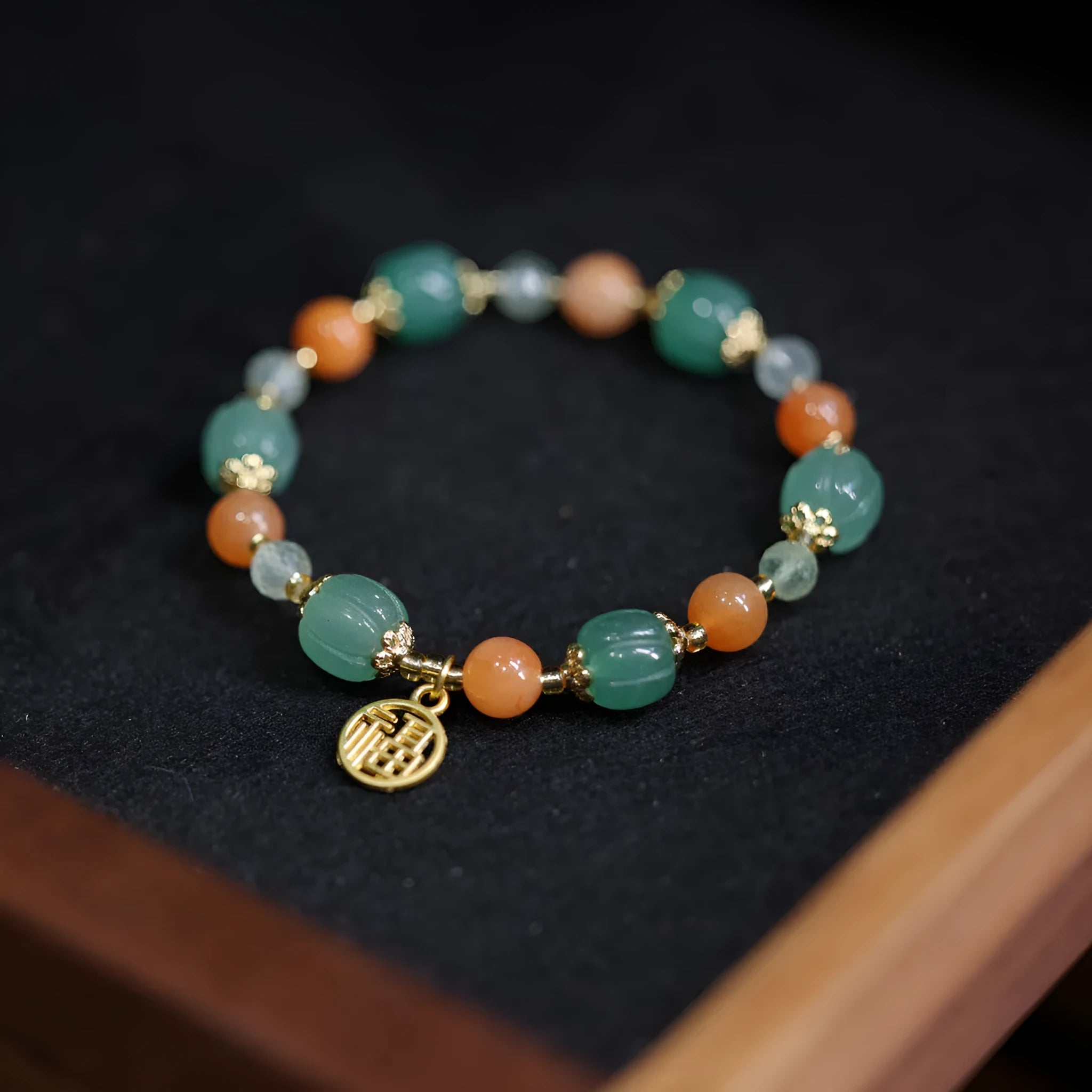 Jinsi Jade Duobao pumpkin bracelet with Prehnite spacers for women's 14-16.5cm wrists