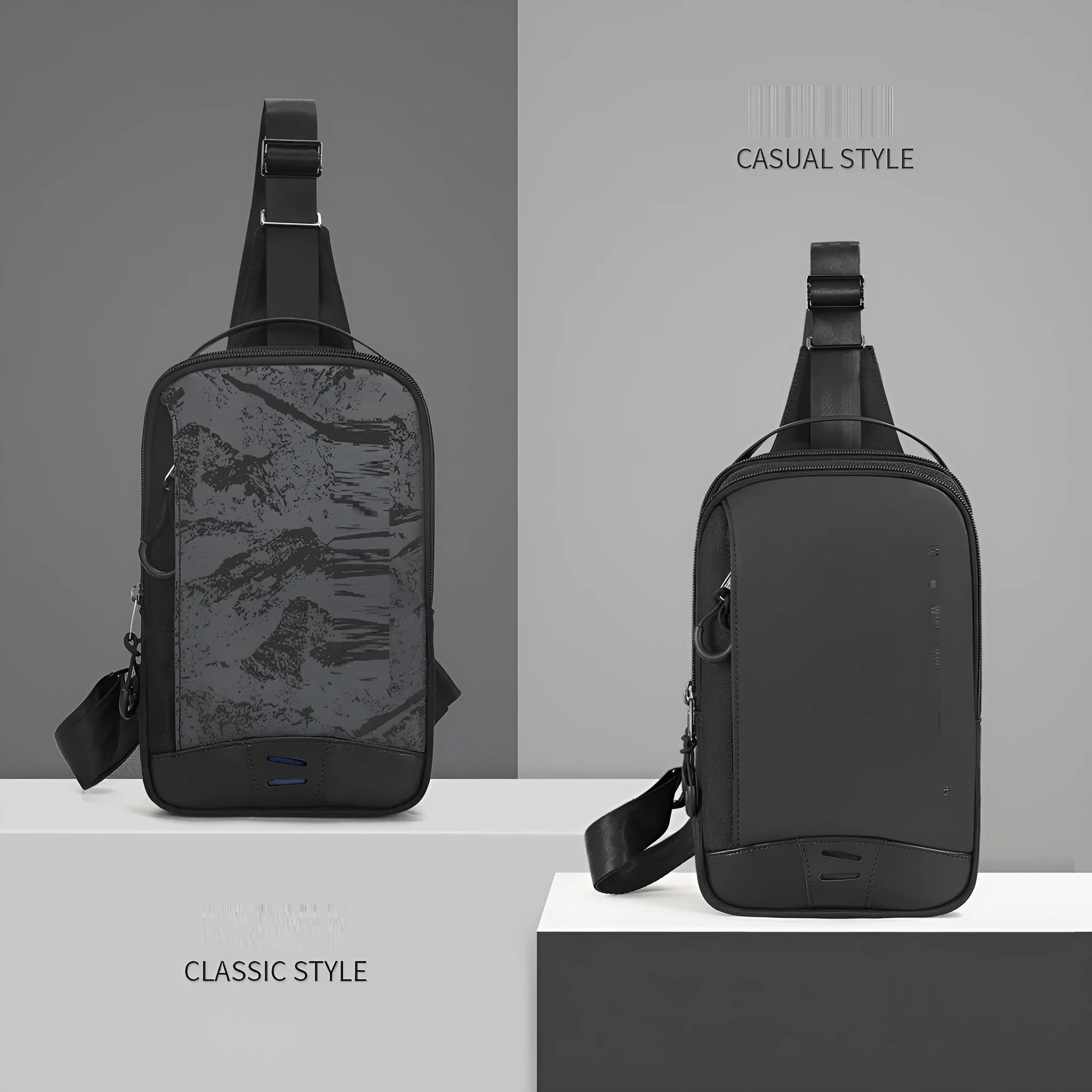 Casual black TPU camouflage chest bag with single shoulder strap and soft handle on a plain background.