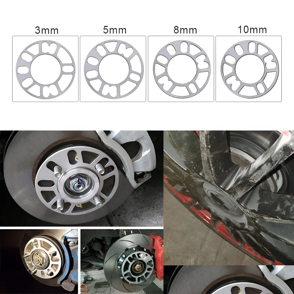 A metal wheel hub widening spacer gasket for automotive use, shown with thickness options.