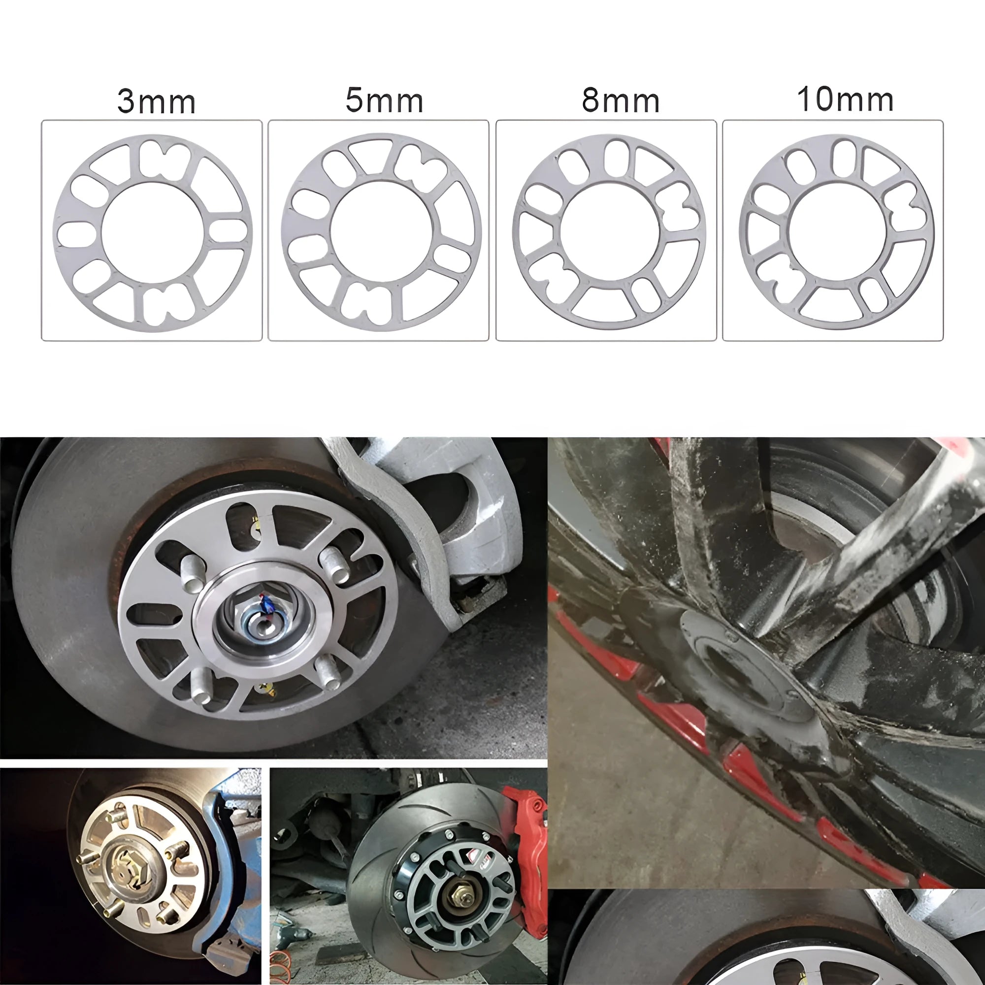A metal wheel hub widening spacer gasket for automotive use, shown with thickness options.
