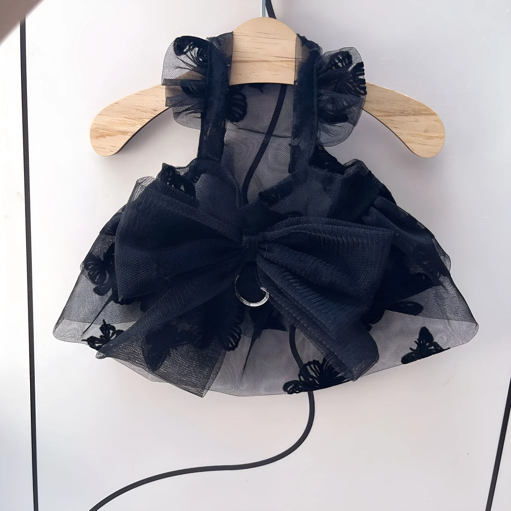 Black tulle princess skirt for a small dog or cat on a mannequin.