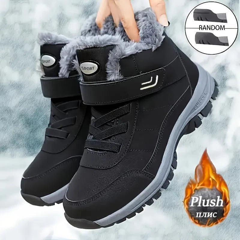 High-top outdoor snow boots with thick PVC sole, fleece lining and artificial PU upper