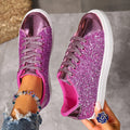 Women's plus size sequinned front lace-up board shoes in black, flat rubber sole.