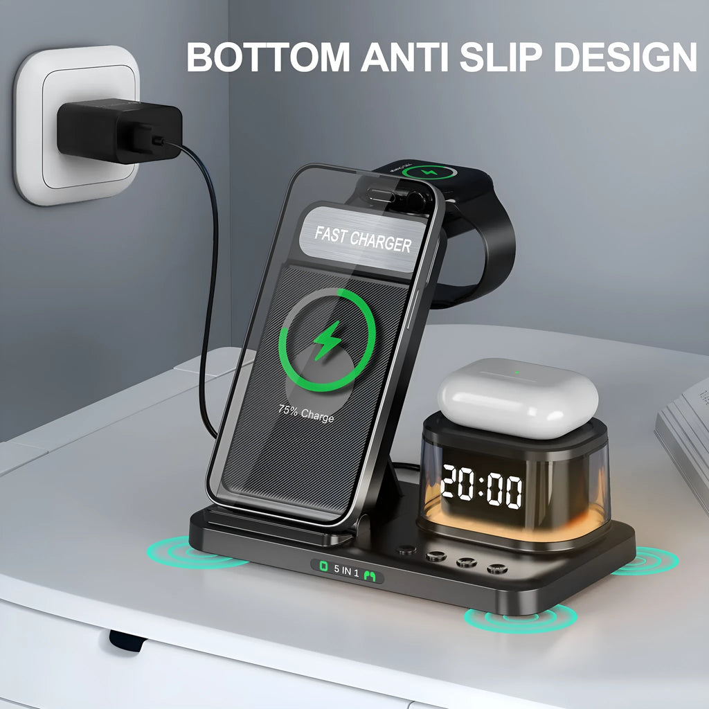 Black wireless charging stand three-in-one folding bracket with smartphone placed on angled charging pad