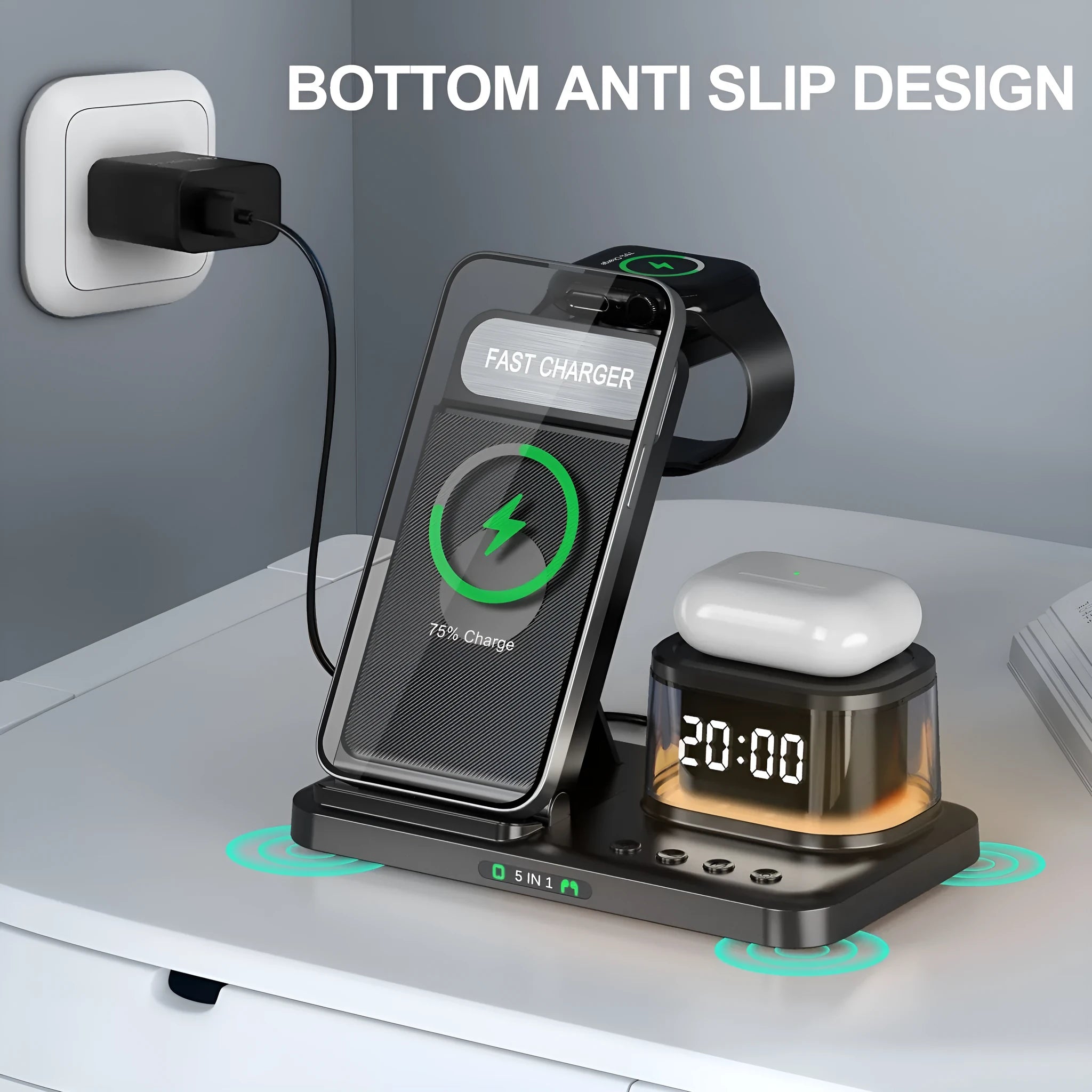 Black wireless charging stand three-in-one folding bracket with smartphone placed on angled charging pad