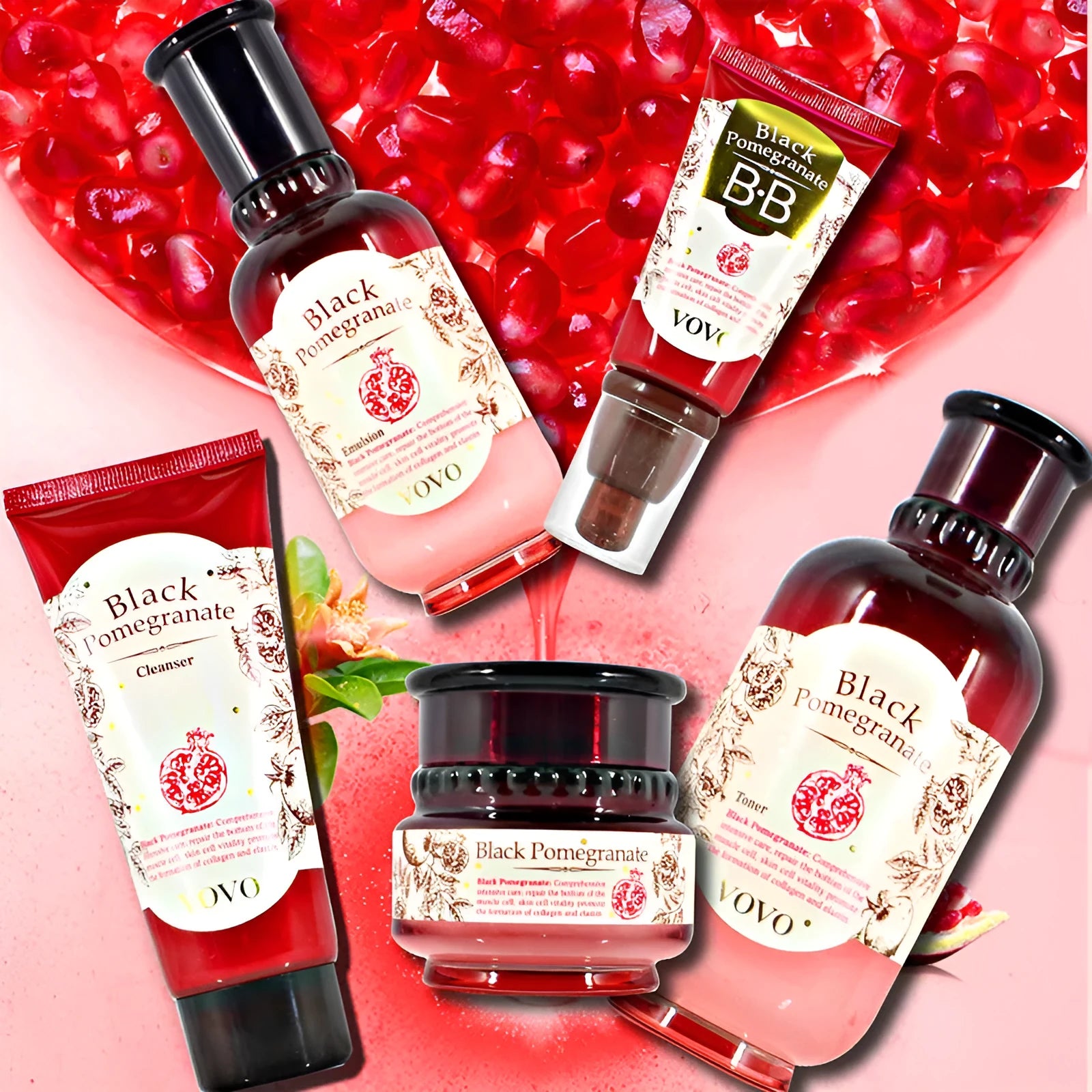 Pomegranate skincare set with six colour-coded products including cleanser, cream, essence, eye cream, milk, and water