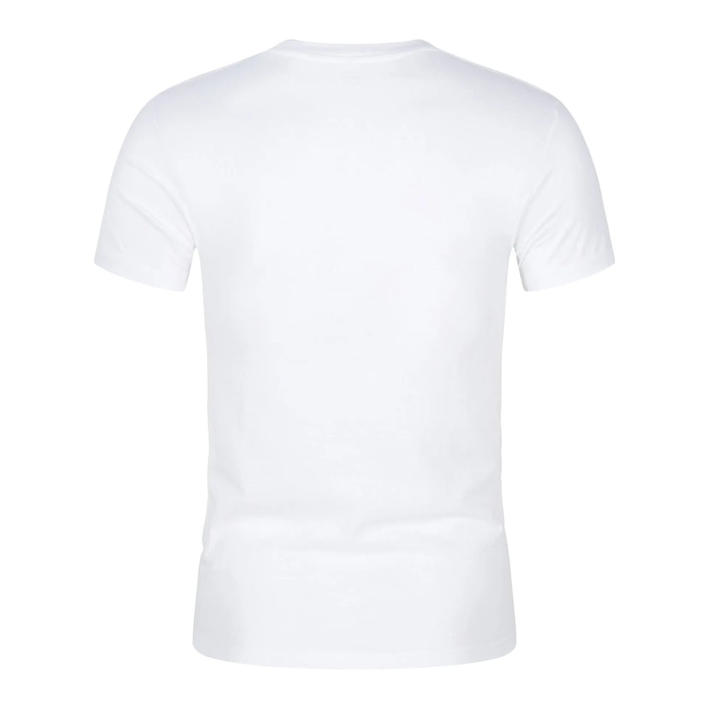 Men's solid colour cotton short sleeve t-shirt on a hanger, shown in black and white options.