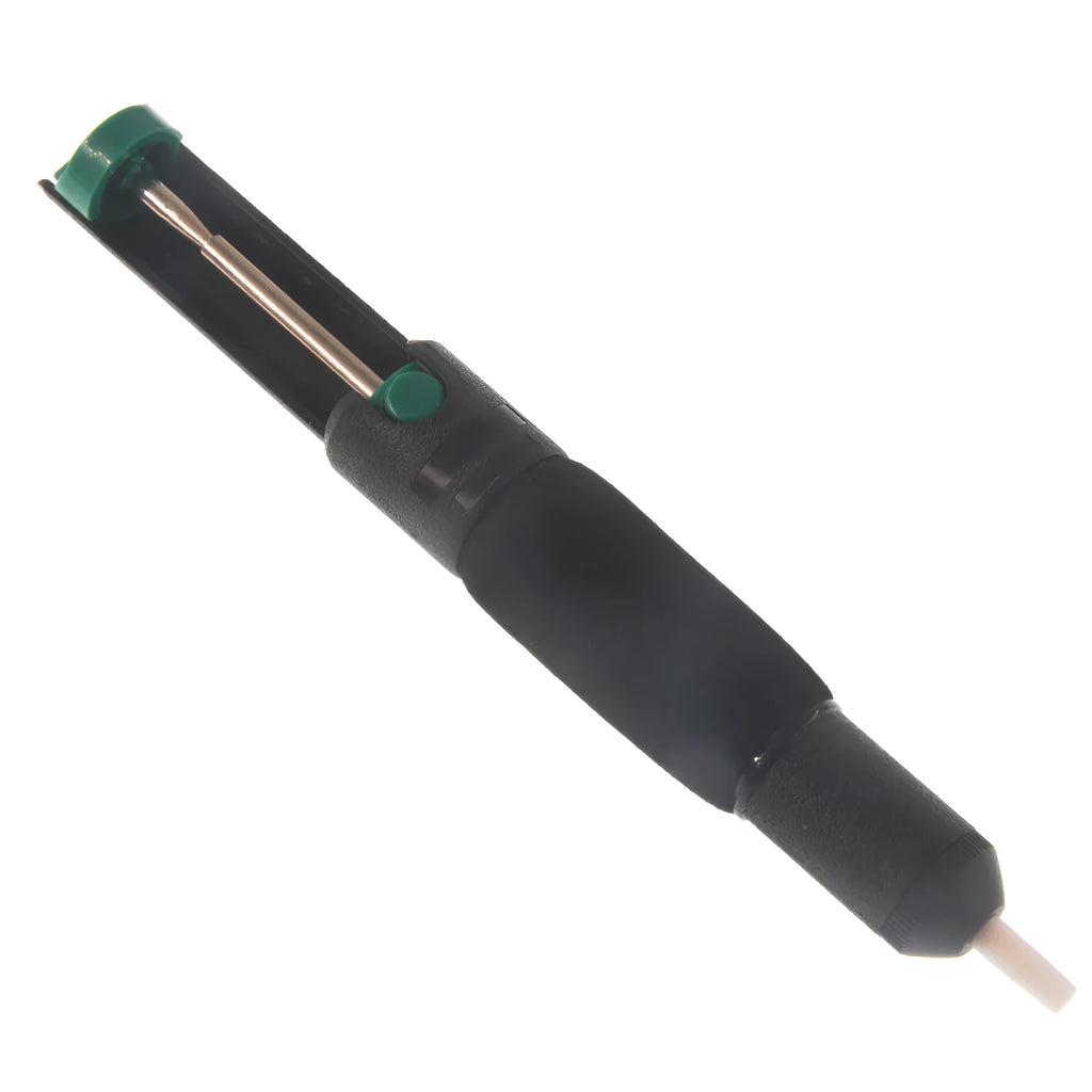Black manual tin suction device, 210mm long, approximately 70g, semi-aluminium alloy body for desoldering