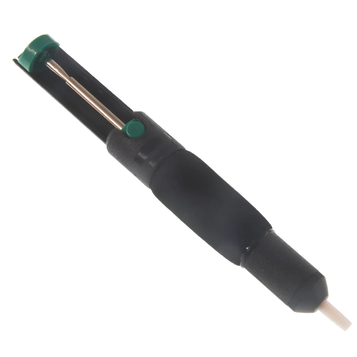Black manual tin suction device, 210mm long, approximately 70g, semi-aluminium alloy body for desoldering