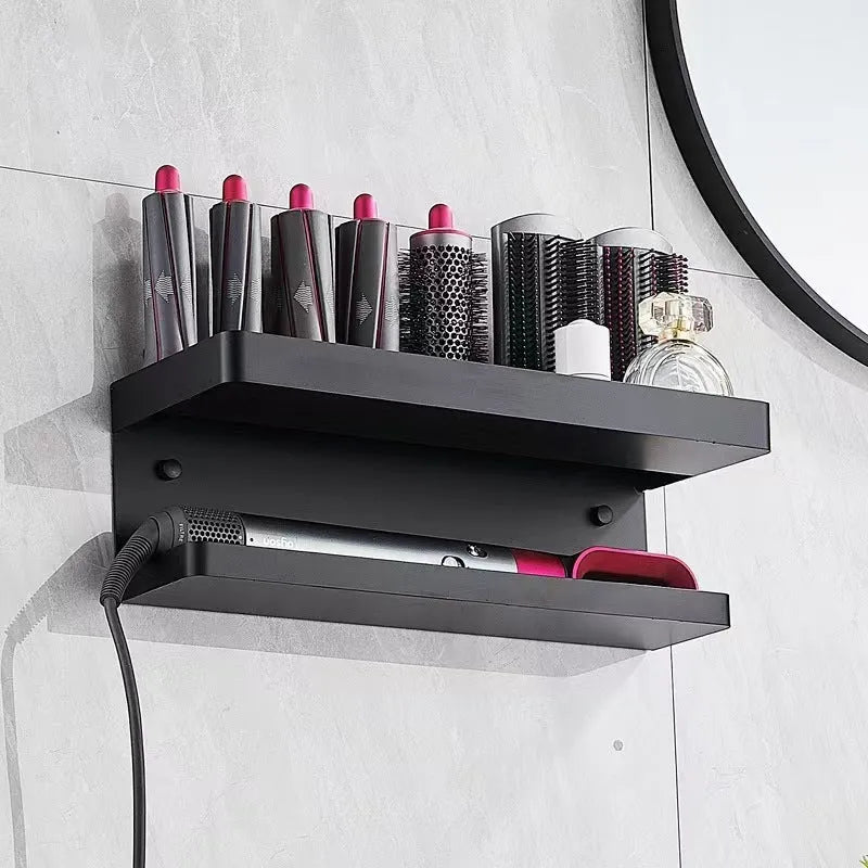 White double layer aluminium bathroom storage rack for hair curlers and Marcel wavers with punch-free mounting