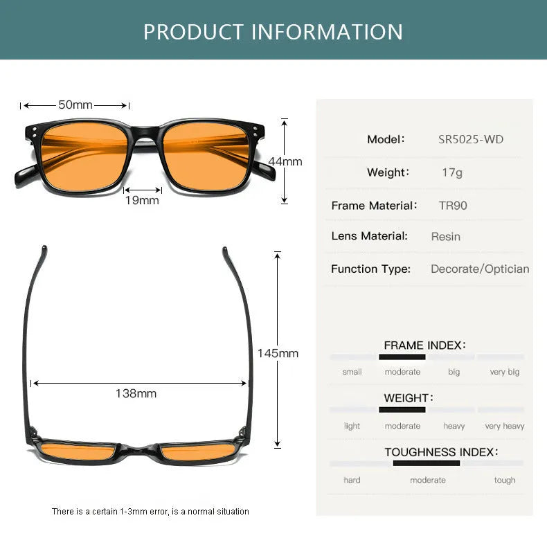 Colour changing TR90 frame anti-blue light glasses with orange photochromic CR39 lenses on a colour box.