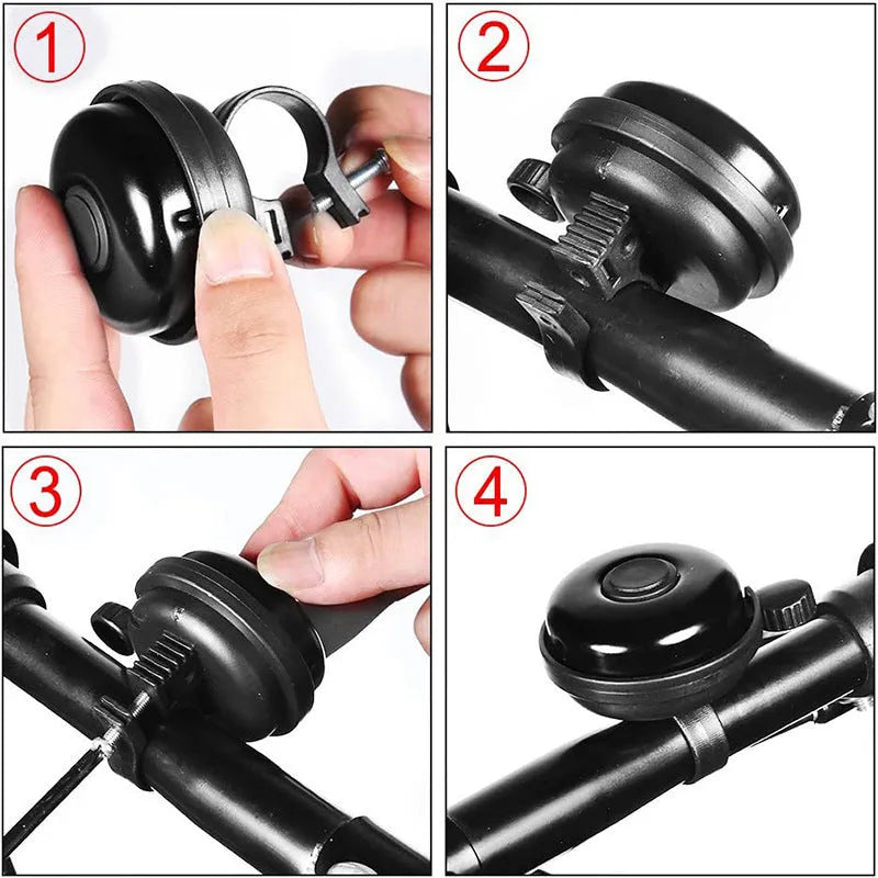 Black ABS plastic bicycle bell with 58mm diameter on a bicycle handlebar