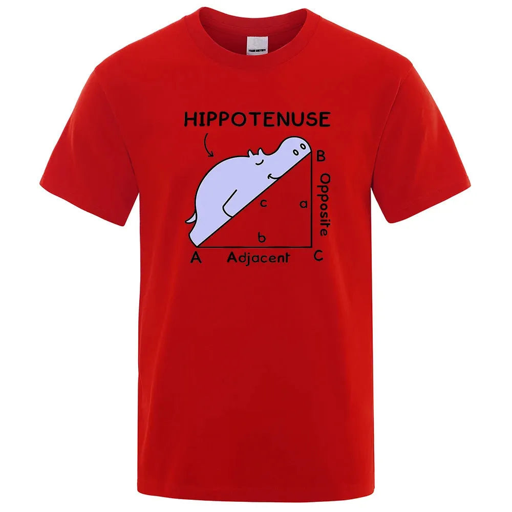 Humorous Hippotenuse Opposite Adjacent printed design on a loose fit cotton short sleeve T-shirt.
