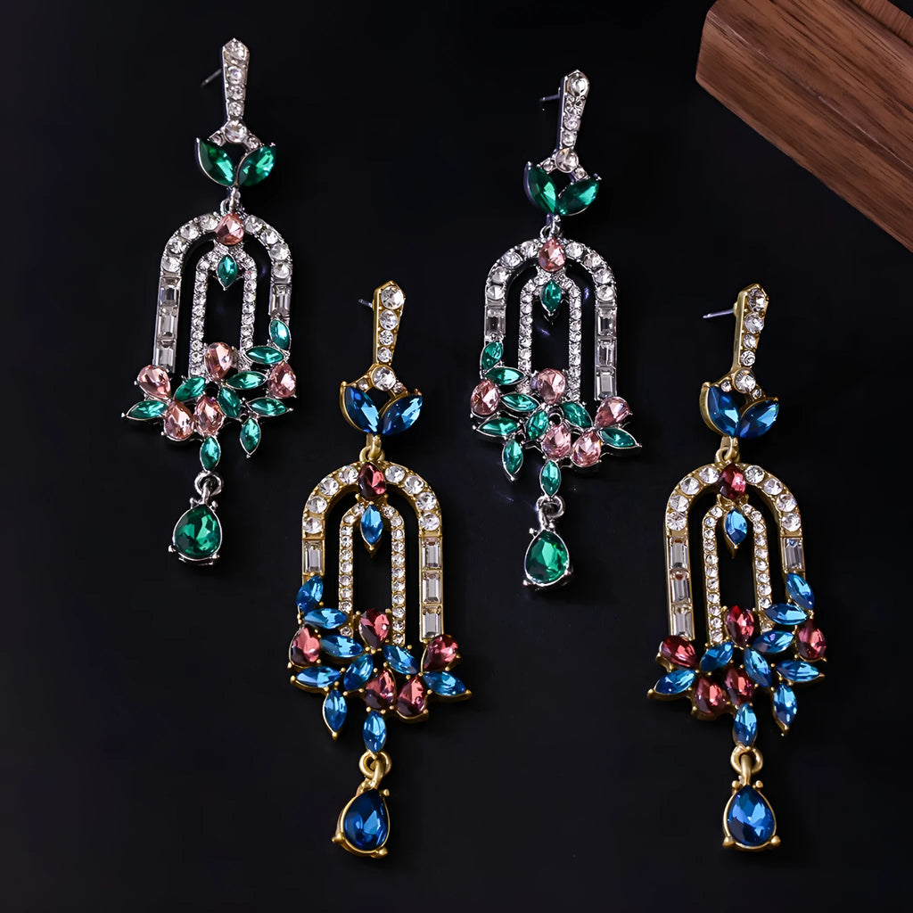 Alloy flower cluster tassel earrings 8.5cm women's drop earrings blue green Chinese style