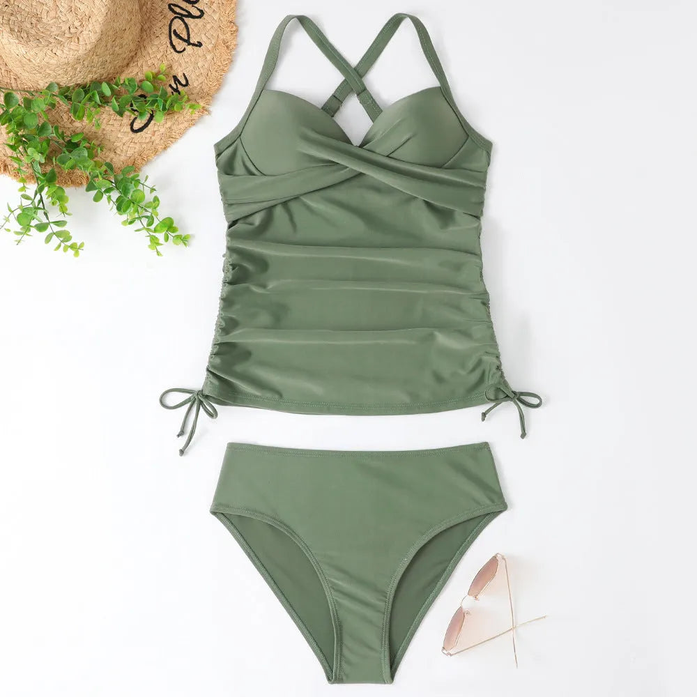 Women's high-waisted nylon bikini set in a solid colour on a mannequin.