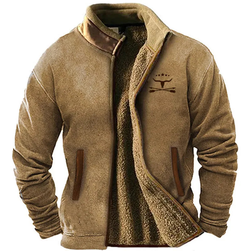 Men's green padded polyester coat with a fleece lining, shown on a hanger.