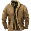 Men's green padded polyester coat with a fleece lining, shown on a hanger.