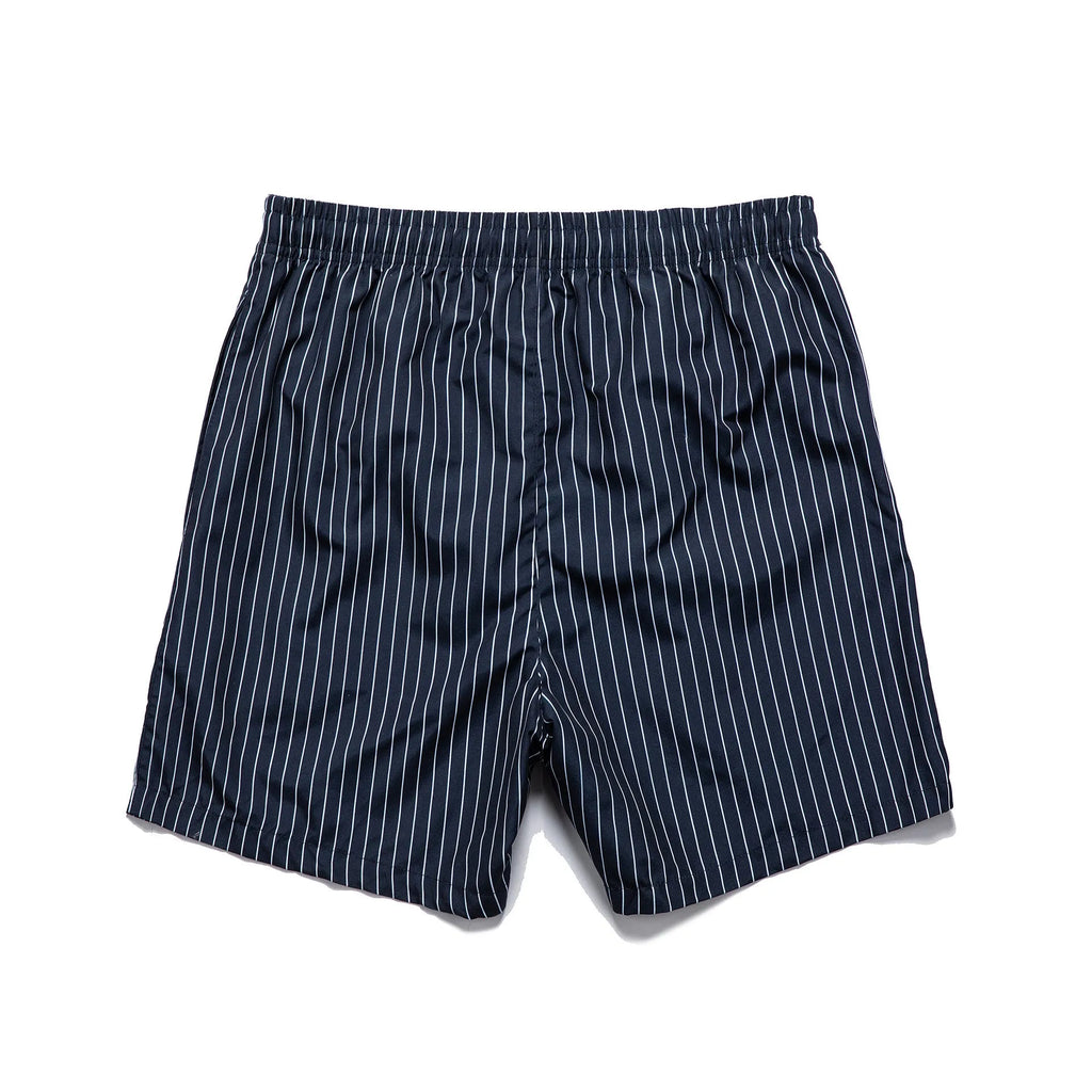 Men's striped beach shorts in light blue with a straight leg and triangle lining.
