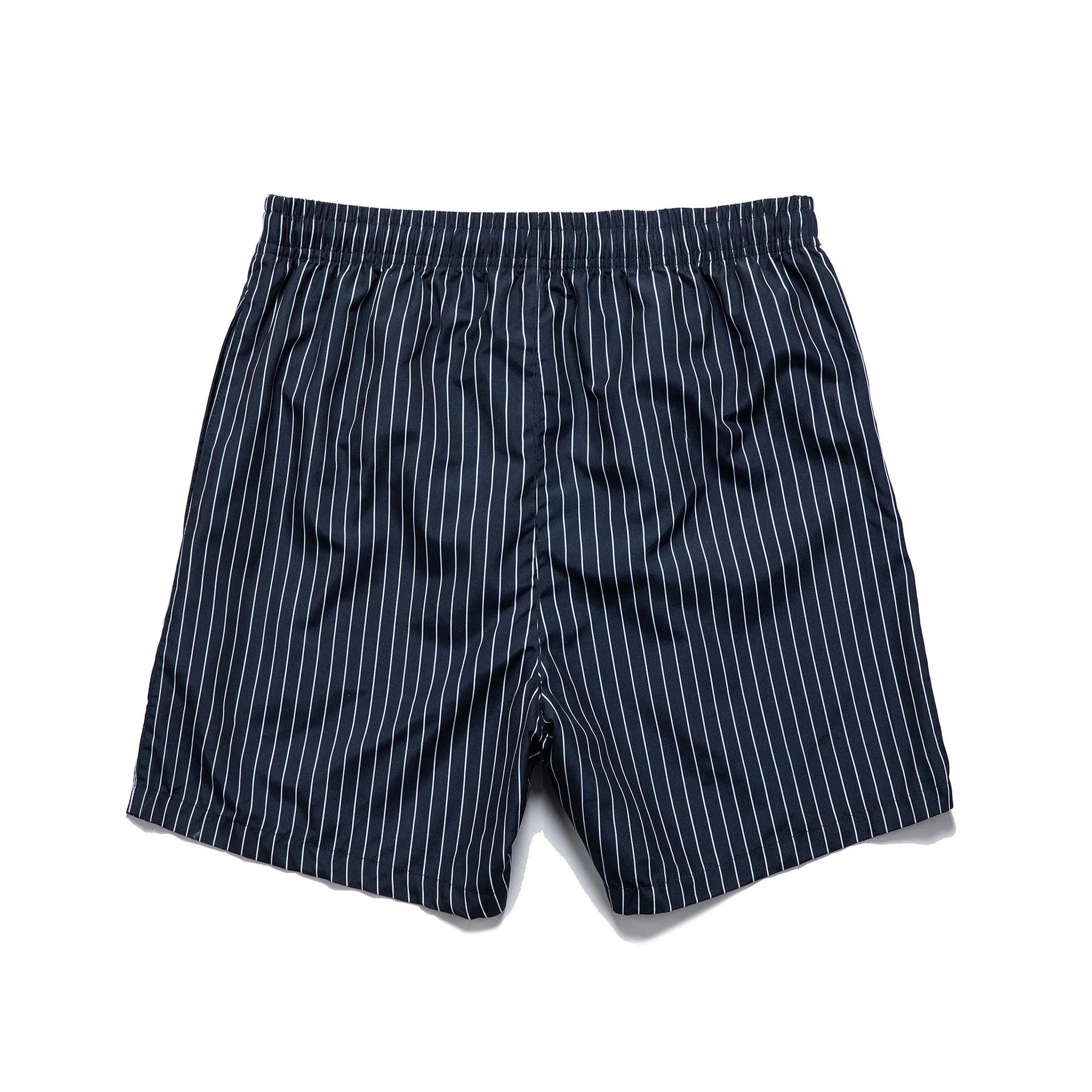 Men's striped beach shorts in light blue with a straight leg and triangle lining.