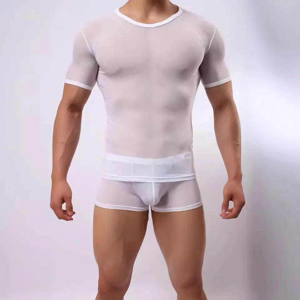 Men's slim fit mesh t-shirt in solid colour on a hanger, showing short sleeves and pullover style.