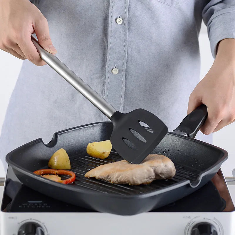Black silicone and stainless steel kitchen spatula and spoon set with 16 pieces