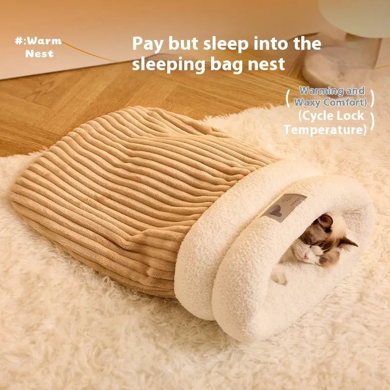 Brown plush semi-enclosed cat sleeping bag with thick stripes, shown on a floor.