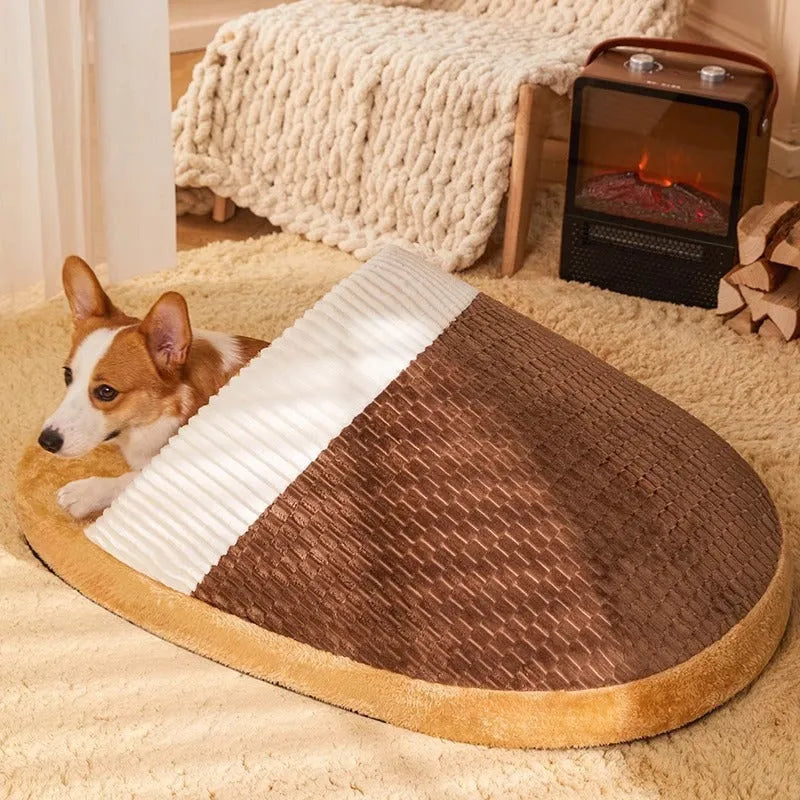Blue dog sleeping bag bed with removable cover for a medium-sized dog