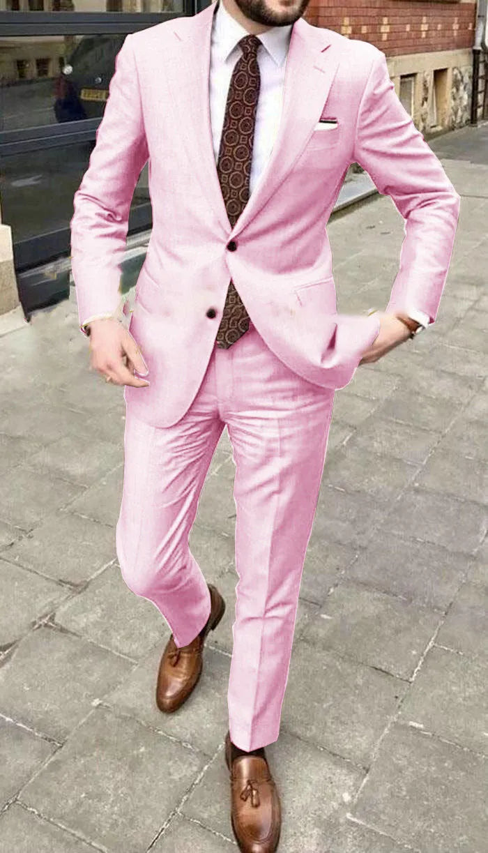 Men's slim fit acetate fibre business suit in multiple colour options with two-button jacket and matching trousers