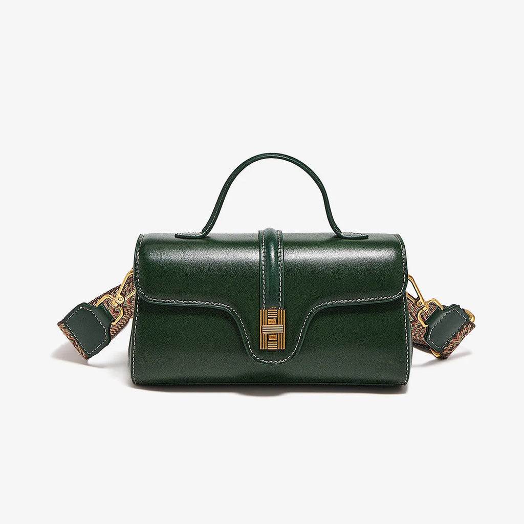 Brown Cambridge leather messenger bag with lock closure showing clamshell opening and internal organisers