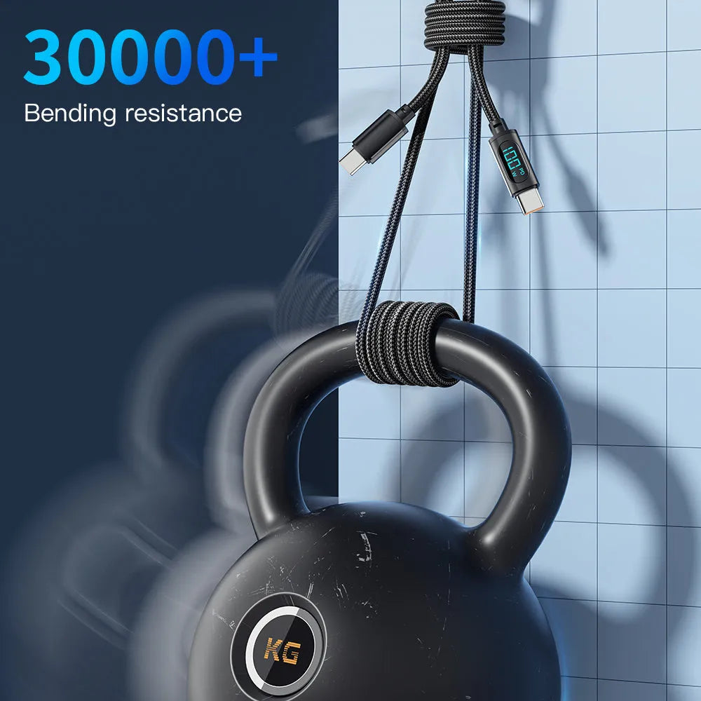 100W USB C fast charging data cable with digital display, aluminum alloy and braided wire, black, 1m and 2m lengths.