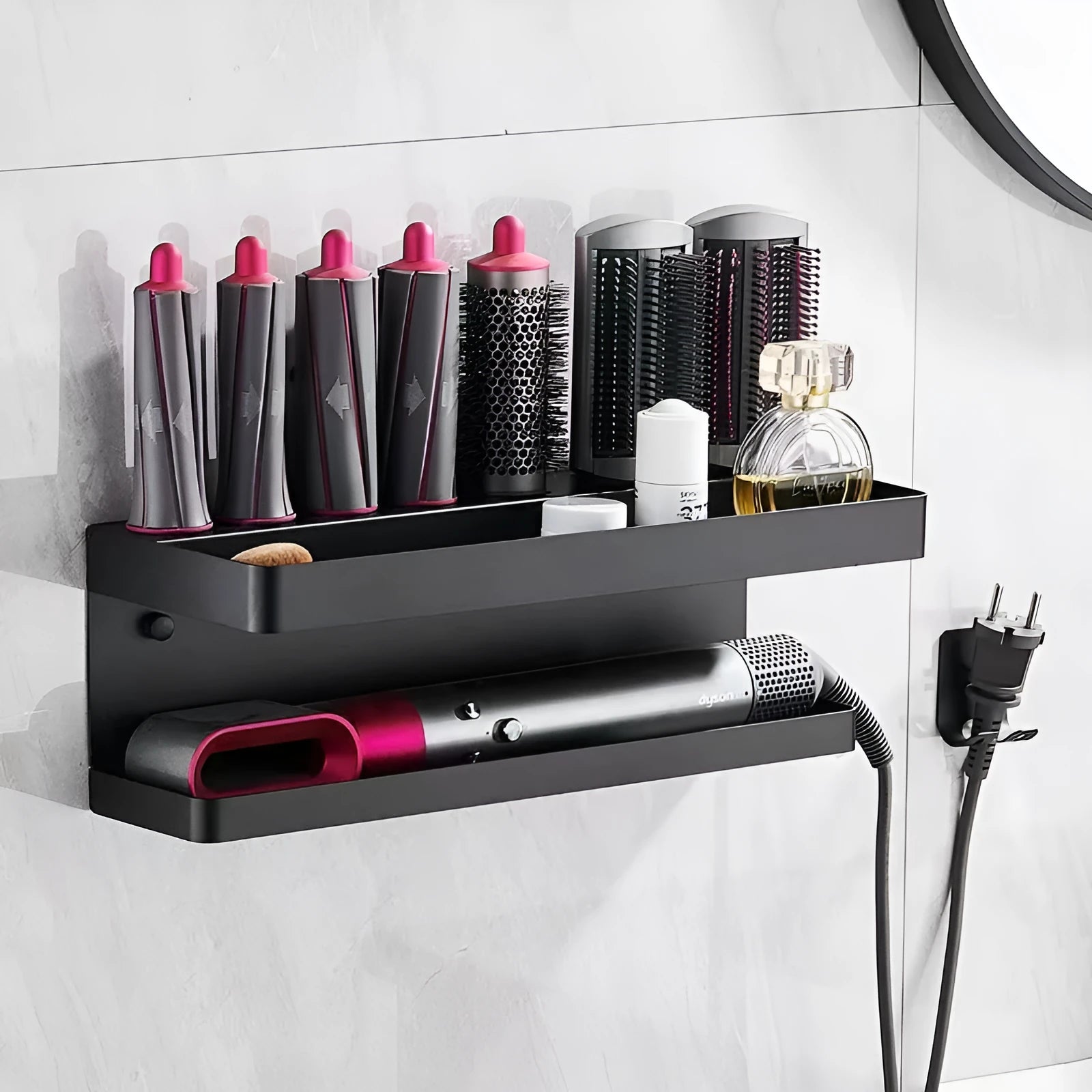 White double layer aluminium bathroom storage rack for hair curlers and Marcel wavers with punch-free mounting