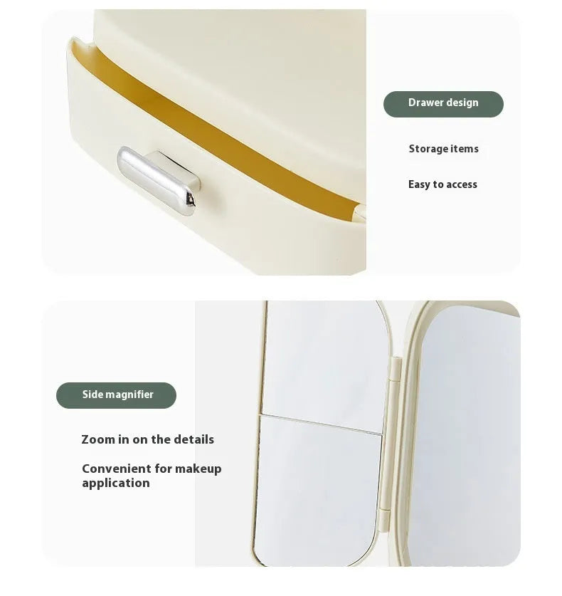 Foldable LED desktop cosmetic mirror with USB power, plastic frame, 17.5x11x36cm, in white