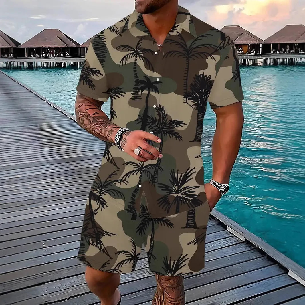 Man wearing a blue 3D printed Hawaii pattern short sleeve shirt and matching shorts leisure set