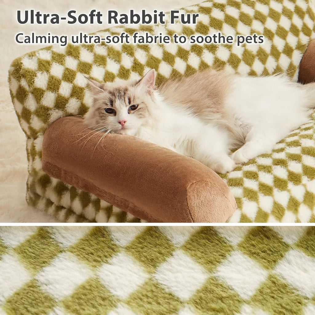 Checkered pattern pet sofa bed for small cats and dogs with removable cover, shown in three sizes.