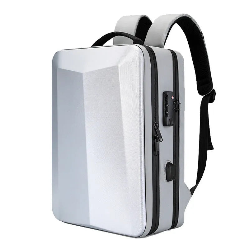 Men's black business backpack with waterproof Oxford cloth exterior and curved shoulder straps