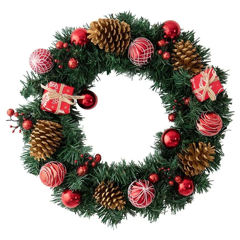 PVC Christmas door hanging wreath with red gift bag design and vine rattan details, 35cm diameter