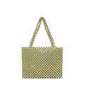 Gold hand-woven metal beads steamed crystal pearl bag, square vertical shape with double shoulder straps on a lady