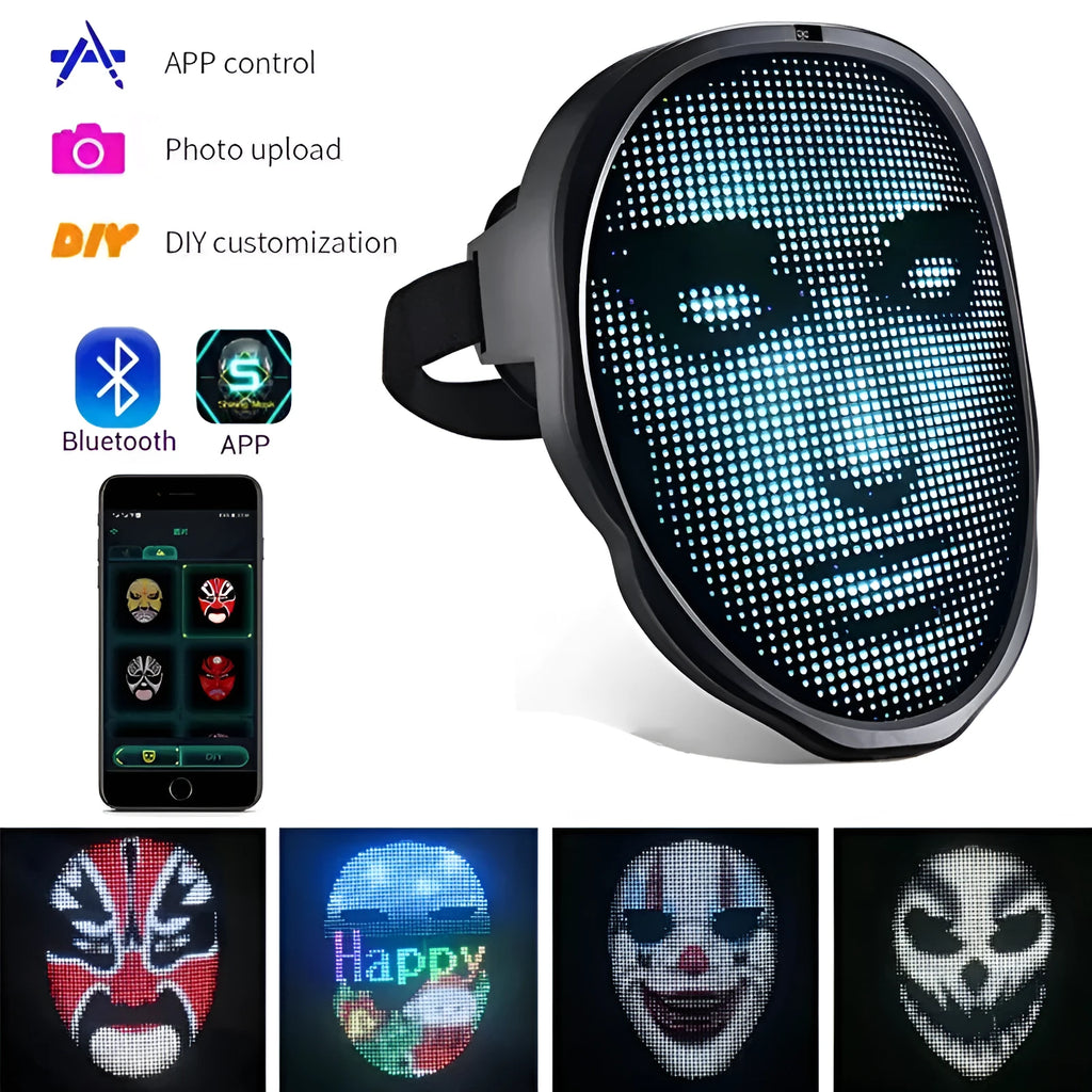 LED luminous face mask with full colour display showing character design, featuring gesture control sensor and comfortable silicone interior