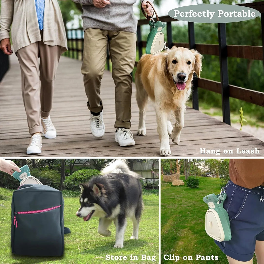 Blue handheld dog pooper scooper with clip and integrated waste bag compartment