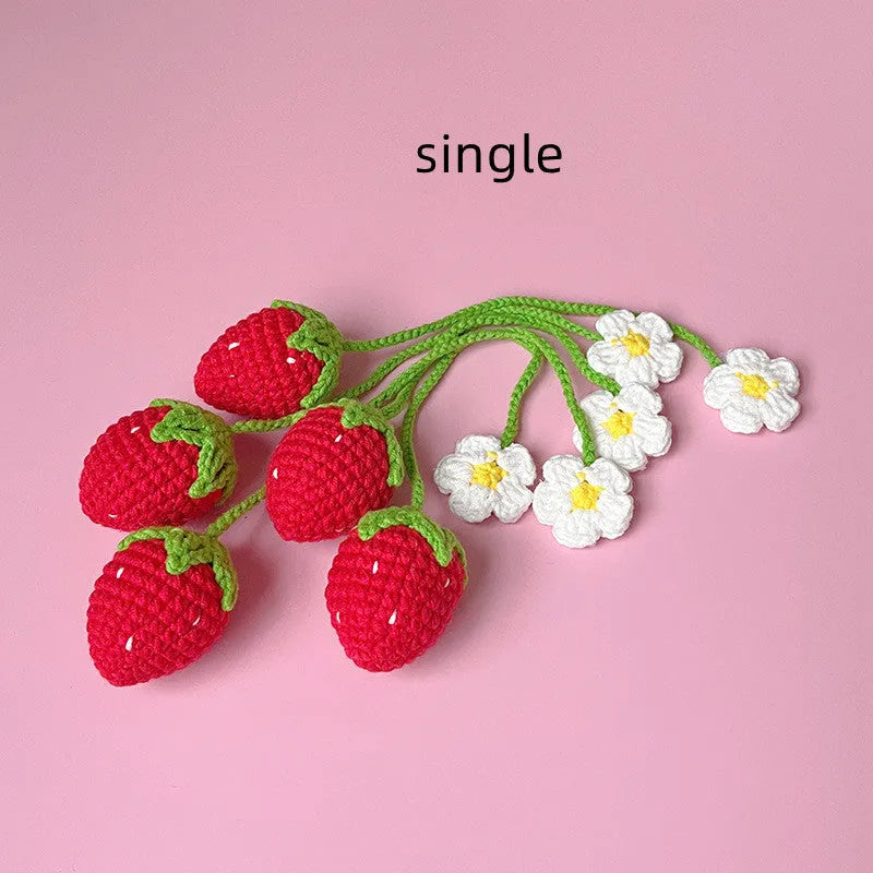 Hand-crocheted wool strawberry pendant necklace on 35cm chain in red colour