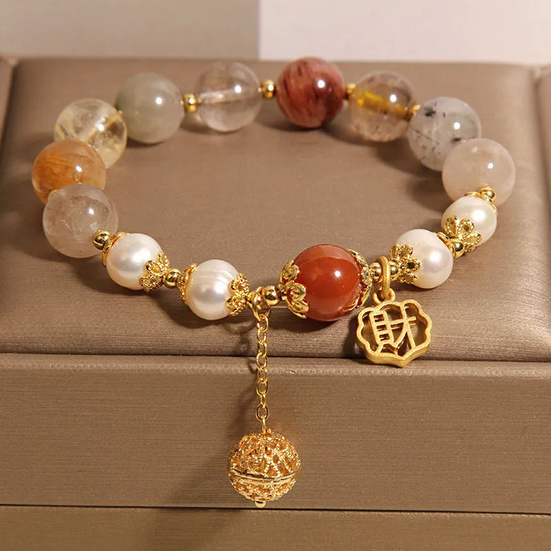 Women's adjustable crystal pearl bracelet with colourful beads and Chinese character charm