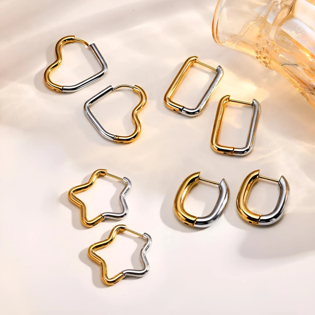 Set of four titanium steel gradual gold geometric earrings: square, triangle, love, pentagram