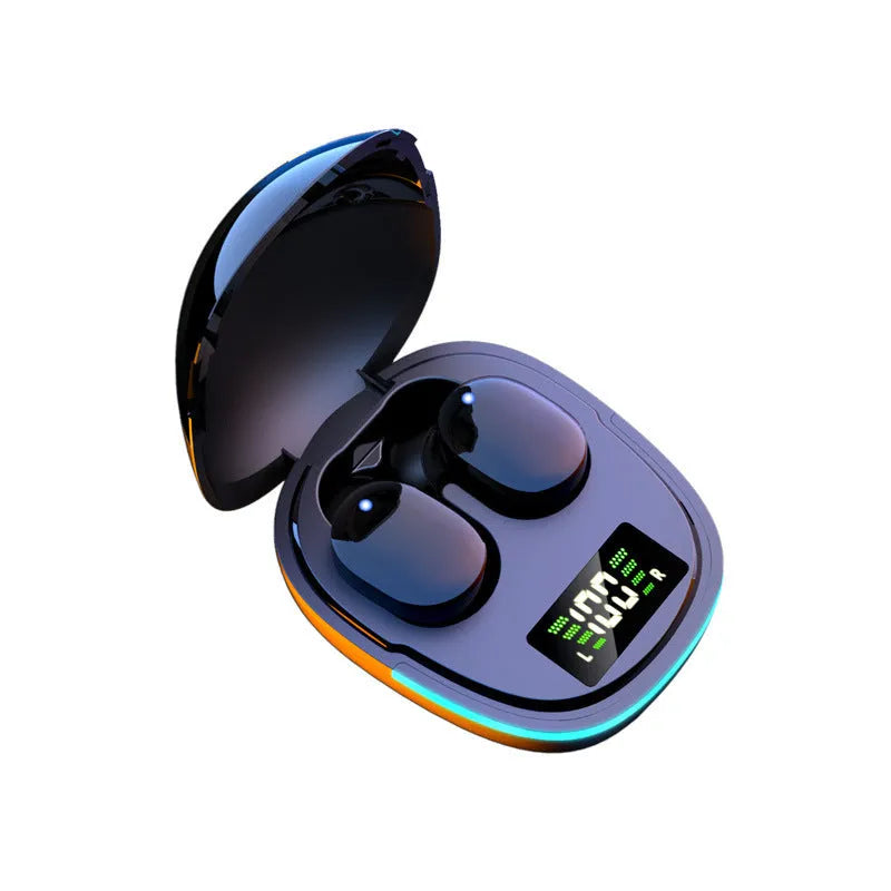 Black true wireless Bluetooth in-ear headphones with charging case on dark background