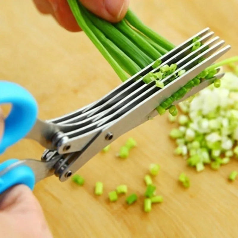 Green multi-layer stainless steel kitchen scissors for cutting herbs and green onions