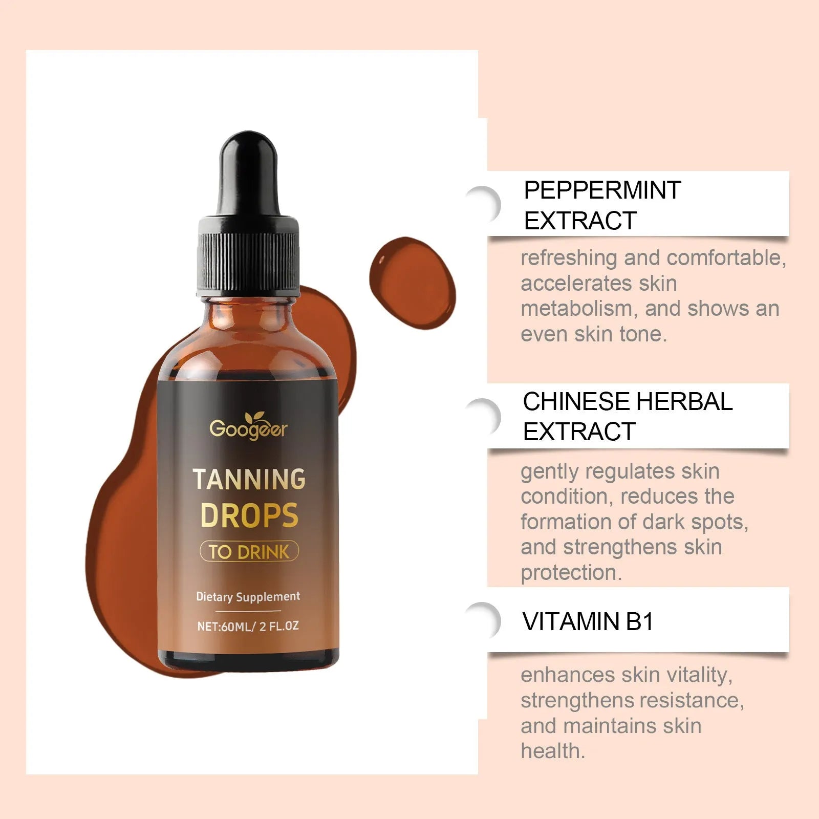 Googeer Tanning Drops To Drink 60ml bottle, a body treatment lotion for sunless tanning.