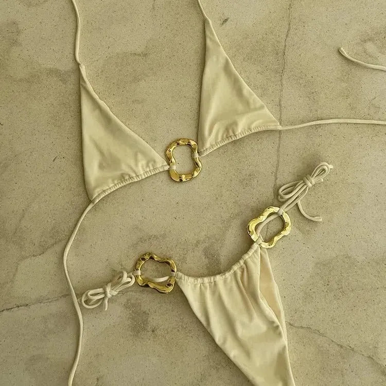 Women's lace-up printing low waist halter bikini set in polyester fabric with Asian S M L sizing