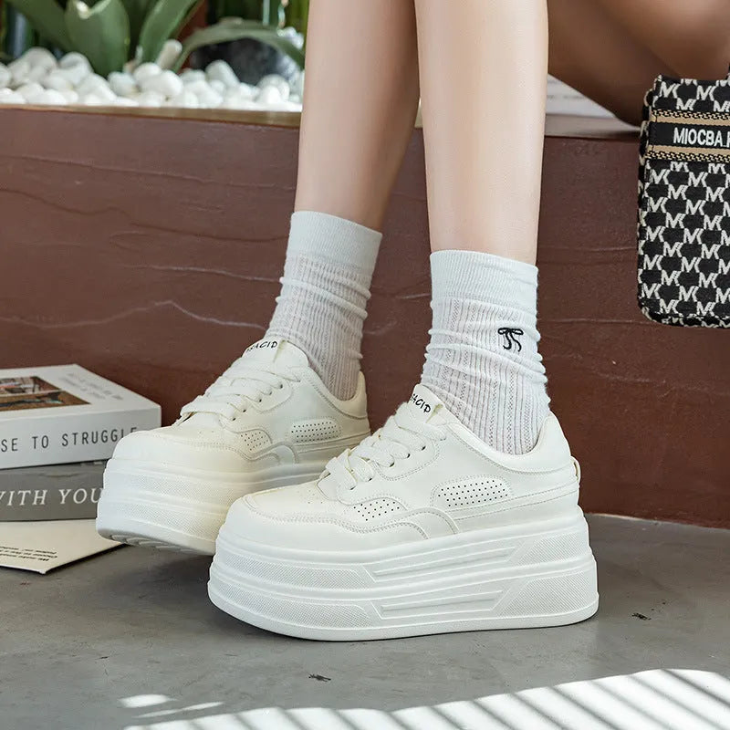 Women's beige platform casual shoes lace-up round toe low top with 6-8cm high heel