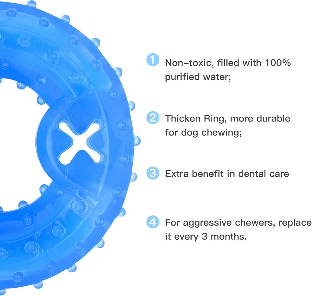Freezable dog chew toy in bone and circle shapes, non-toxic with cooling water core