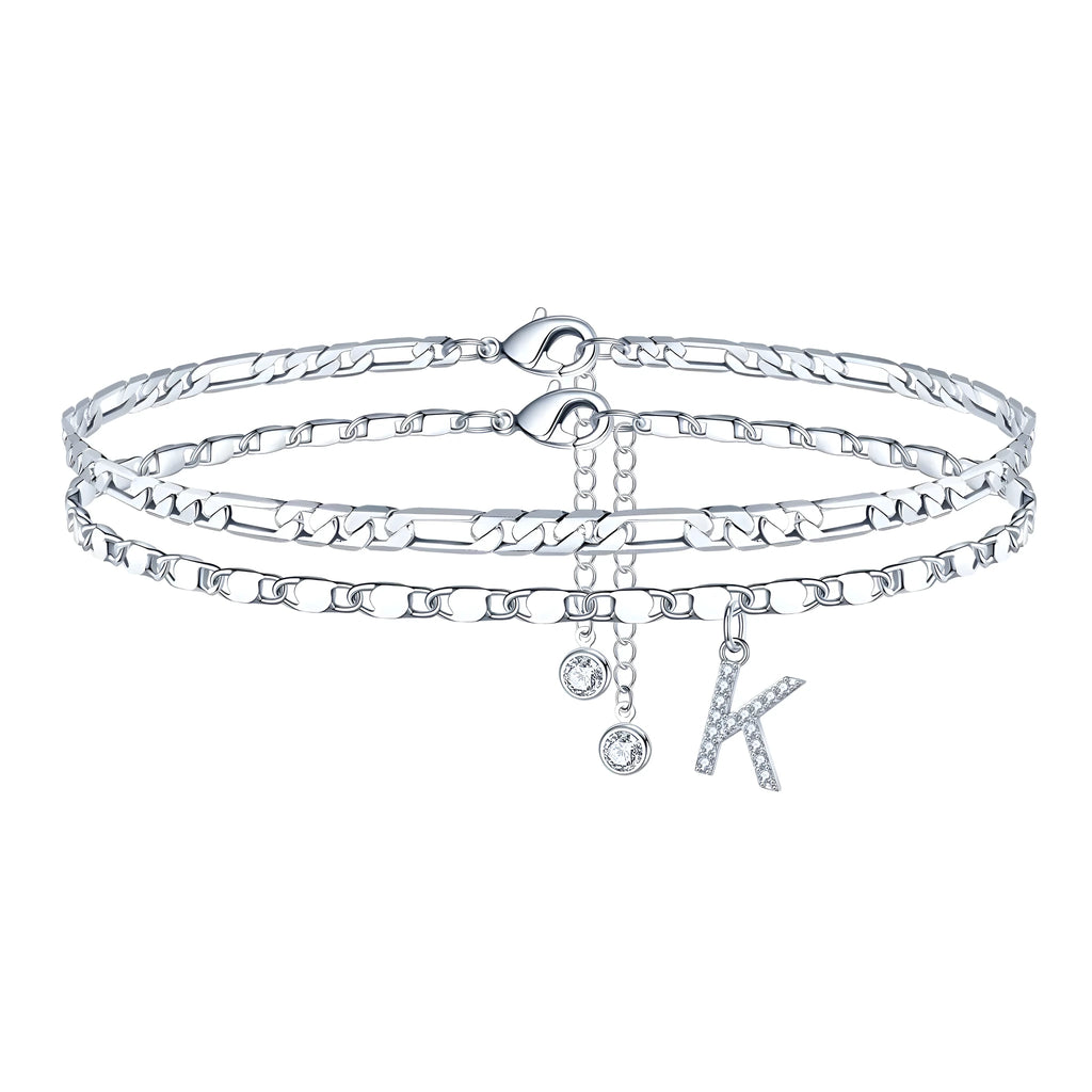 Silver-toned copper anklet with double-circle charm and bead, showing letter styling option